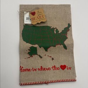 NWT Linen Tea Towel “home is where the heart is” With removable HEART PIN!